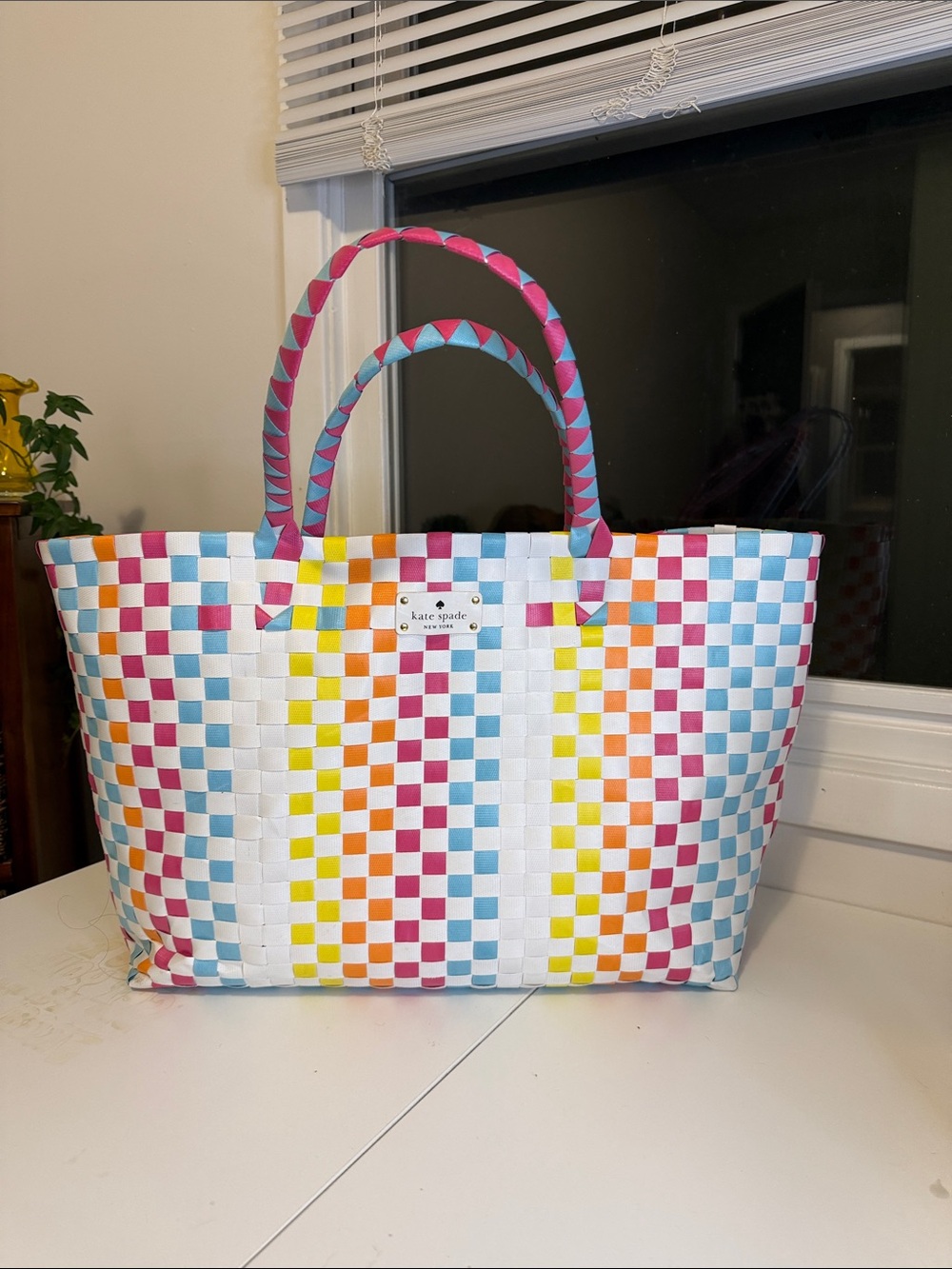 Kate Spade Rare Rainbow Checkered Woven Basket Tote Bag
